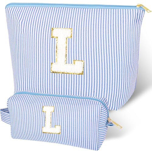 Make-up-Tasche mit Initiale, 2 Stück Personalisiert Schminktasche Mädchen, Nach Initialen Reise-Make-up-Tasche für Frauen, Mama, Freundin, Muttertag, Valentinstag, Geburtstagsgeschenk（Blau L）