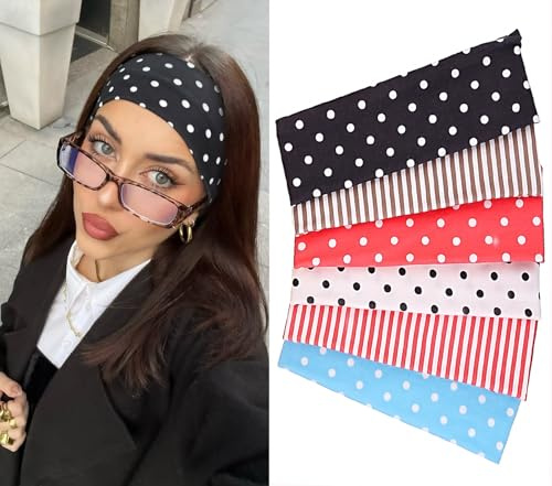 Leeven Polka Dot Headband for Women 6 Pack Non Slip Soft Elastic Floral Hairbands Soft Fabric Stripe Head Bands for Girls Heart Headbands