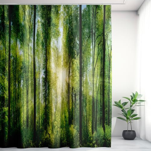 BANLMEYD Garden Shower Curtain, Green Forest Shower Curtain, Tall Trees Sunshine Shower Curtains, 71x71 Inch Bathroom Curtains Polyester 3D Scenery Shower Curtains for Wet Room Tub