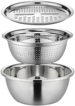 Genérico Lavabo allemand multifonction en acier inoxydable | Ensemble de bols à mélanger pour râpe 3 en 1 | saladier avec égouttoir, coupe-légumes et passoire râpe