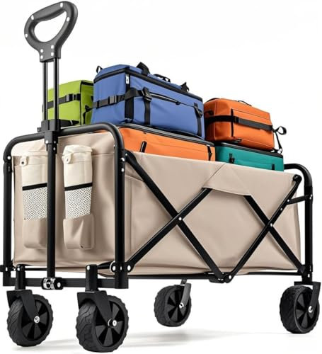 Chariot Pliable a Roulette, Capacité de Charge 75kg, 100L, Chariot de Courses Pliable avec 2 Porte-gobelets et Poignée Réglable, roulettes Pivotantes à 360°, pour Camping, Plage, Shopping (Beige)