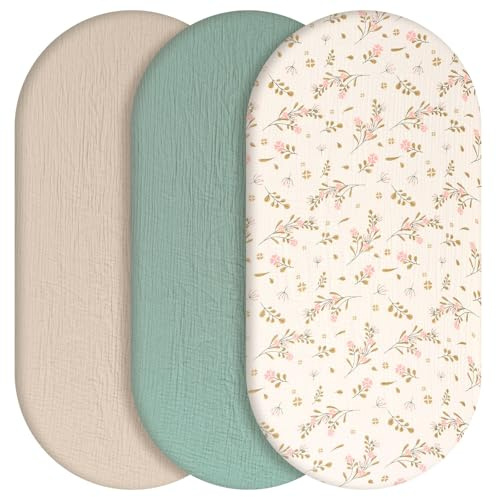 LustLocke 3 Stück Baby-Bettlaken, 83 × 43 cm, Universelle Spannbettlaken für Kinderwagen, 100% Musselin-Baumwolle, Baby Spannbettlaken, Reisebett Spannlaken Beistellbett Leintücher (Rosa Blume)
