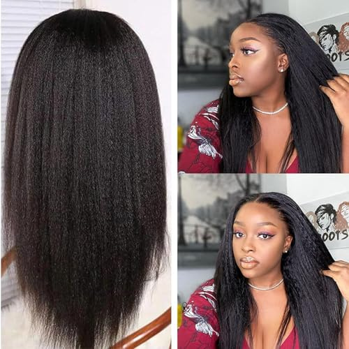 Yaki Cheveux Humains Droites 4x4 Dentelle Perruque Frontale Sans Colle Avant Coupe Dentelle Avant Blanchi Nœuds Invisibles 4x4 Wig 180% Densité 16 Pouces