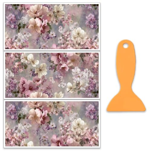 OLYCRAFT 3 Stück/Set Vintage Blumen Transferfolien Zum Aufreiben Für Möbel Und Bastelarbeiten 30x15cm Ölgemälde Stil Möbelaufkleber Transferaufkleber Zum Aufreiben Mit 1 Teiligem Schaber