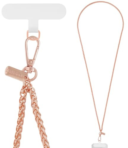MoKo Universal Phone Lanyard, Metal Cell Phone Chain Crossbody Strap Anti-Theft Detachable Women Cellphone Lanyards Around The Neck with Patches for iPhone, Most Smartphones, Pale Rose Gold