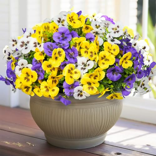 SupBri 12 Pcs Artificial Flowers for Outdoor, UV Resistant Fake Pansy Flowers, Silk Faux Fowers for Outdoor Planters Home Garden Office Patio Front Spring Decorations