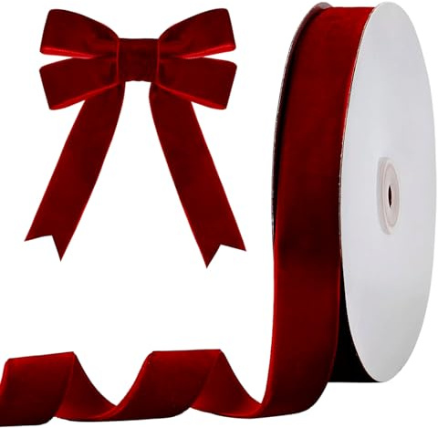 Nastro di Velluto Rosso, 1 Rotolo di Nastro Rosso Natale, Nastri Decorativi Natalizi, Nastri Regalo Natalizio per Decorazione DIY, Confezione Regalo (2,5 cm)