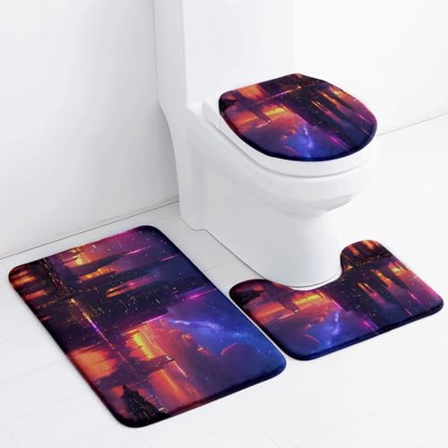 Tappeto Bagno Edificio Arancione Viola Tappeti Bagno Set 3 Pezzi Antiscivolo Contorno WC Tappetino Assorbente Doccia Lavabile Copertura per Il Coperchio del WC 45x75 cm