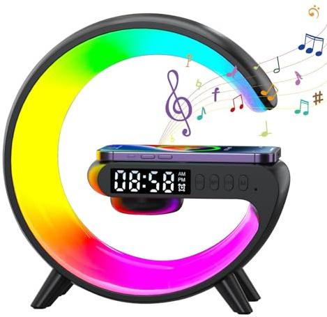 G Shaped Wireless Charger,G-Shaped Bedside Lamp,Wireless Charging Station with Bluetooth Speaker, RGB Dimmable Atmosphere Lamp Light, Bedside Lamp with Alarm Clock & Charging Function,Gifts (Black)