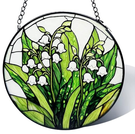 Buntglasfenster-Hängedekoration, 6.3 Zoll Maiglöckchen-Blume aus Buntglas Sonnenfänger, Diamant-Glasplatte Hängedeko für Fenstern in Haus, Garten und Balkon Dekoration (Lily of The Valley)