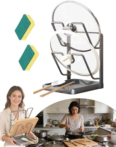 Kitchen Pot Lid Storage Rack, Pot Lid Holder with Tray, Lid Holder While Cooking, Lid and Spoon Rest with Removable Drip Tray, Multifunctional Kitchen Organizer Stand for Stove Top (Gray-Double)