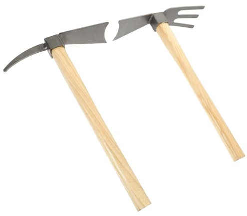 TOYANDONA Lot de 2 Petites Houes de Jardin Robustes en Acier Manganèse Manche en Bois, Outil Multifonction pour Binage et Désherbage, Jardinage Extérieur et Maraîchage, Accessoires