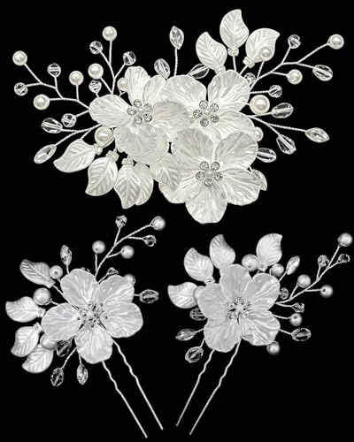 TBCDS 3 Pezzi fermagli per capelli fiori perle punti luce capelli sposa forcine per capelli con perle bianche fiori per capelli cerimonia per Sposa damigella d'Onore ragazze