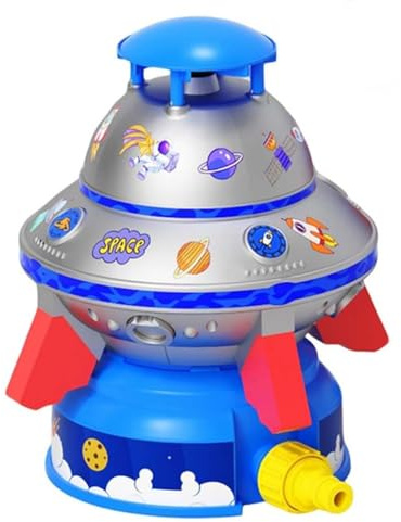UFO Water Sprinkler for Kids, Water Rocket Toy Outdoor Summer Play with Light & Spin, Adjustable Height Water Launcher, DIY Sticker, Outdoor Water Toy, Summer Sprinkler Toys for Backyard Lawn (Blue)
