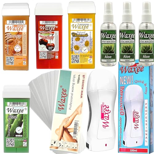 Roll-on waxing kit: 100ml roller wax cartridge, wax heater, after wax oil, strips- Complete starter set roll-on wax system- WAXEE SMART, COLOPHONY FREE. (Waxee SMART MAX)