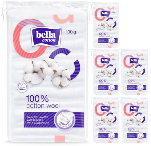 bella Baumwollwatte, 6 x 100g (6er Pack), aus 100% Baumwolle, angenehm weich
