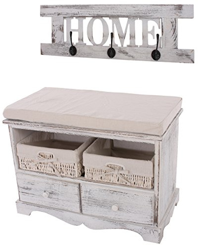 Mendler Garderobe mit Sitzbank 42x62x33cm - weiß | Kommode mit 2 Körben, Shabby-Look, Vintage
