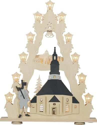 weigla - Lichterspitze original Erzgebirge I Motiv Seiffener Kirche I Lichterbogen Weihnachten I 15 Lampenkerzen + 1 Ersatzlampe I 15 x 16 V, 3 W, E10 I beleuchtete Weihnachtsdeko innen I aus Holz