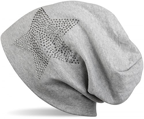 styleBREAKER Beanie Strass Stern Baumwollmix warm 59cm | Slouch Design. Glitzer Applikation. Bundweite 26cm. Höhe 26cm. elastisch. weiche Haptik. warme Qualität. Einheitsgröße.