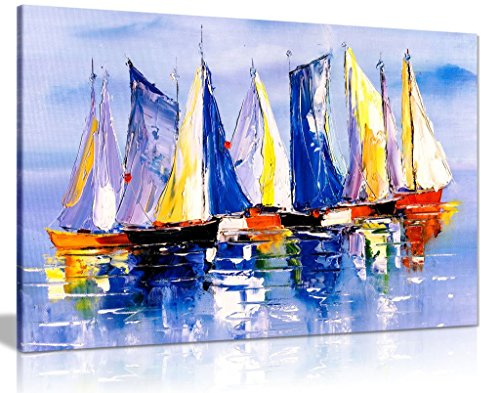 Boats in Sea Oil Painting Canvas Wall Art Picture Print (24x16)