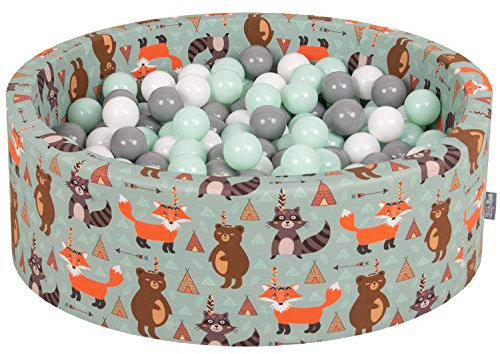 KiddyMoon Rund Bällebad Bällepool 90X30cm/200 Bälle ∅ 7Cm Ballgruben Mit Bunten Bällen Für Babys Spielbad Kleinkinder, Hergestellt In Der EU, Füchse-Grün:Weiß/Grau/Mint
