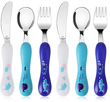 Lehoo Castle Cubiertos Infantiles, 6 Pcs Cubiertos Bebe Acero Inoxidable con 2 x Tenedores Infantil, 2 x Cuchillos Niños, 2 x Cucharas Infantiles(Parque Marino)