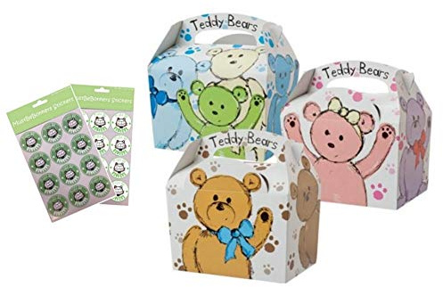 30 Childrens Kids Teddy Bear Picnic Carry Food Meal Picnic Birthday Party Bag Boxes with Seal Stickers