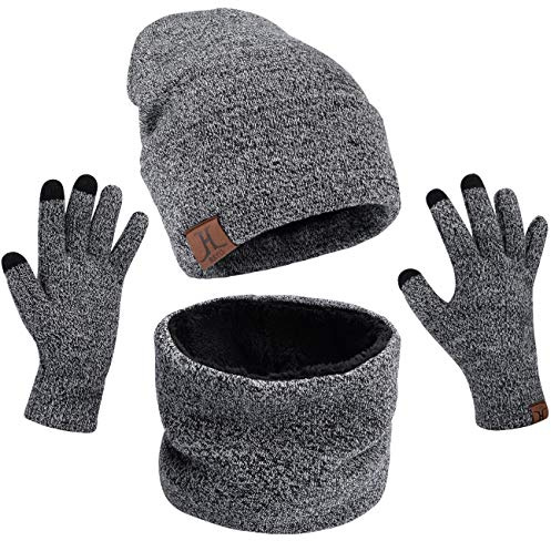 Petrunup Winter Mütze Schal Handschuhe Set Herren, 3Pcs Warm Beanie Snood und Handschuhe Touchscreen mit Thermovlies Futter, Grau
