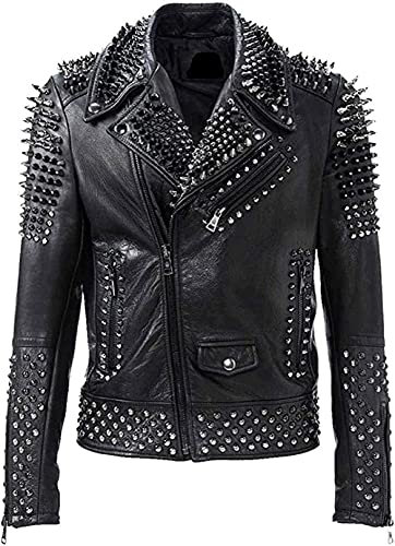 HiFacon Herren Motorradjacke mit Nieten, Retro, Punk, Rock, Leder, Schwarz Gr. XXS, Schwarz – Lederjacke mit Nieten
