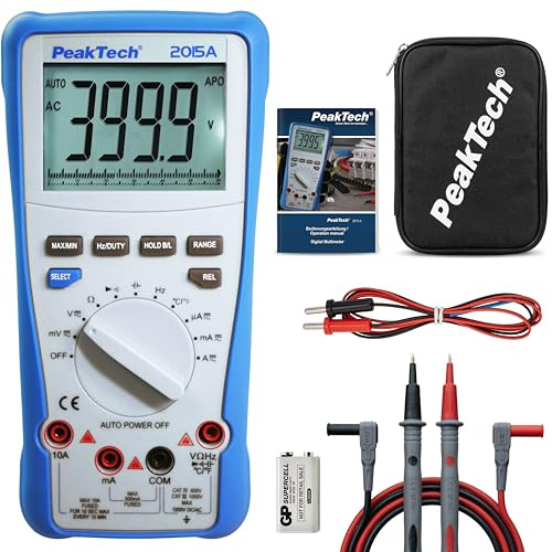PeakTech P 2015 A – True RMS Digital Multimeter, Auto-Range, 4.000 Counts, Durchgangsprüfer, Messgerät für Widerstand, Kapazität, Diode, Temperatur & Frequenz, 1000V - 10A AC/DC - CAT III, Blau