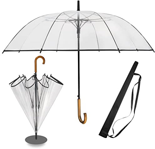 Durchsichtiger Regenschirm Hochzeit mit hochwertigem Echtholzgriff Ø120cm - Eleganter Großer Regenschirm 2 Personen Transparent XXL - Modell CARDIFF