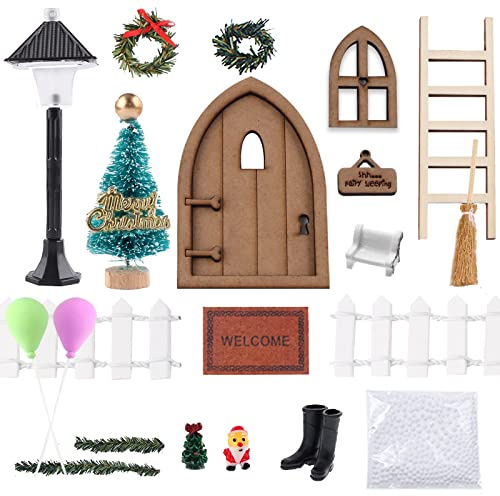 EBANKU Miniatur Wichtel Set, Weihnachten Puppenhaus Zubehör Miniatur Puppenhausmöbel Mini Haus Ornament Stiefel Laterne Weihnachtsbaum Holzleiter Wichtelbesen Wand Türwand Hängende (A)