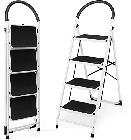 TANGZON 4 Step Ladder, Folding Steel Step Stool with Handrail, 150kg Portable Stepladder with Wide Anti-Slip Treads, Safety Lock and Non-Slip Feet for Kitchen, Garage and Home Use