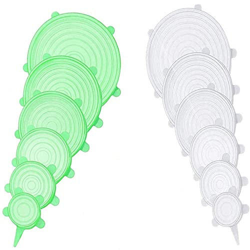 12 pcs Silicone Stretch lids set, 6 Sizes, Reusable Food Storage Covers ，Silicone Bowl Covers，Flexible to Fit All Shape of Containers，Food Cover to Keep Food Fresh (green,white)
