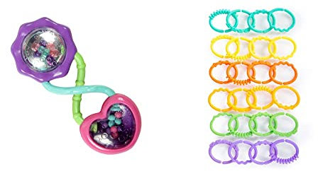 Bright Starts, Rattle and Shake Barbel, Rassel in rosa & Oball, Kinderwagenkette Verbindungsglieder, Lots of Links, biegbar, einfach zu befestigen, leichte Reinigung, perfekt für unterwegs