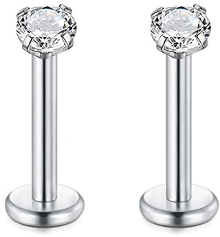 Rajnard 16G Acier Chirurgical Piercing Lèvres Stud Argent 8mm Cartilage Tragus Helix Boucles d'oreilles Piercing Labret avec 2mm Zircon Femelle Piercing Bijoux pour Femmes Hommes