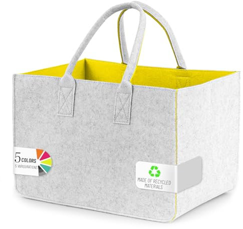 Sinand 30L Einkaufskorb, Einkaufstasche mit Henkel, Robust/Gut Verarbeitet/Faltbar Die Filztasche Storage für Outdoor Trips, Picknick, Einkaufen Außen (Hellgrau - Gelb)