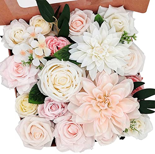 Fouriding künstliche gefälschte Rosen Blumen für DIY Hochzeit Blumensträuße Centerpieces Arrangements Valentinstag Muttertag Baby Dusche Geburtstag Torte Home Decoration (Rosa Weiß)