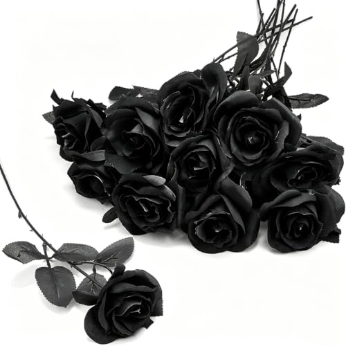 Uhky 10 rosas artificiales de seda, flores falsas de un solo tallo, rosas florecientes, ramos de novia para Halloween, boda, hogar, decoración de fiesta (negro)