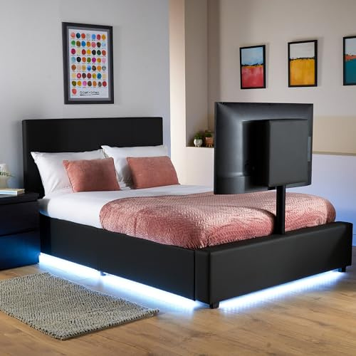 X-Rocker AVA Leather TV Bed with Rotating TV Mount 55, Storage and Cable Management, Ambient Underbed RGB LED Lighting King 5ft Low Sleeper Bedstead, Upholstered Leather Frame XR LIVING - BLACK