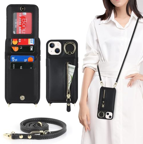 Zouzt Crossbody Wallet Case for iPhone 13/14 (6.1), with Strap, Black