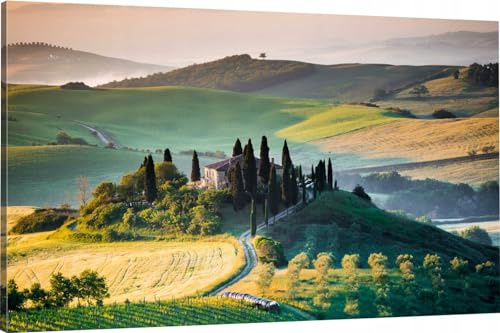HUBDECO Leinwand Bilder Wohnzimmer - Bilder, Poster, Kunstdrucke - Leinwandbild - Bild auf Leinwand - Tolle Zimmerdekoration - Schlafzimmer Bilder - 120x80 cm - Felder Toskana