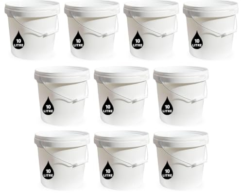 10 x 10L Plastic Bucket Pail + Handle & Lid - Heavy Duty ¦ Food Grade BPA Free ¦ Multi-use Fermentation Feed Dry Food Liquid Chemicals Hydroponics Storage Container WHITE