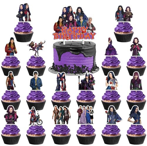 37pcs Descendants cake decoration set include 1pc big cake topper 36pcs cupcake toppers for Descendants Theme birthday party decor (Descendants)
