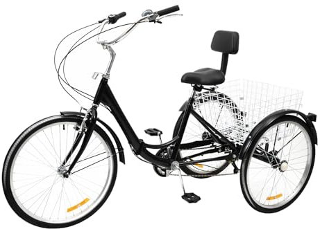 MooBeey 24 Zoll Klappdreirad 3 Räder Dreirad Fahrrad Kohlenstoffstahl mit Rückenlehne, 7 Gang Einstellbar Faltbarer Erwachsene Dreirad, Cruise Dreirad Fahrrad Cityräder mit Einkaufskorb
