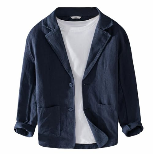 GIBZ Blazers de Lino para Primavera y Verano para Hombre Chaqueta de Traje Sencilla y Versátil con Solapa con Muescas Blazer Abrigo Deportivo de 2 Botones con Bolsillo Marino Azul M