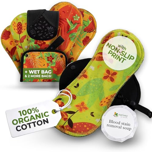 Binden waschbar Bio Baumwolle mit rutschfester Druck; 6-Pack (L+XL) Premium Linie Stoffbinden; wiederverwendbare Damenbinden Nacht; Waschbare Baumwollbinden starke Blutung für sorgenfreie Periode