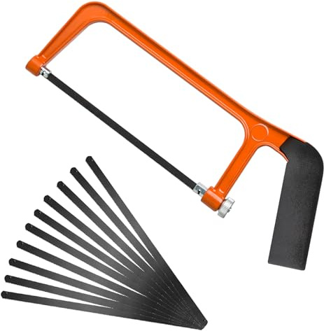 Professional Hacksaw, Small Handheld Hack Saw, Junior Hacksaw, Mini Bow Saw with 10 Replacement Carbon Steel Hacksaw Blades Adjustable Angle Cutting Saw for Wood,Soft Metals,PVC Pipes,Plastics