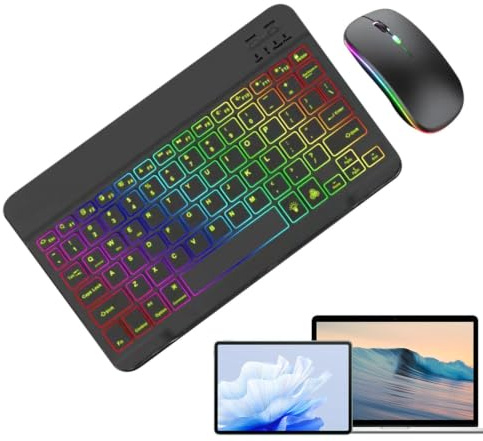 Teclado y ratón inalámbricos retroiluminados | Teclado retroiluminado de 7 Colores con 2 Modos de luz | Juego de Teclado y mous portátil para Tableta, computadora portátil y PC