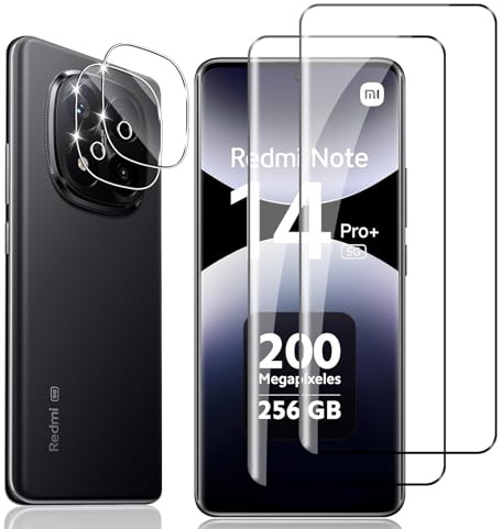 Locofun Protector de Pantalla para Xiaomi Redmi Note 14 Pro Plus 5G, 2 Piezas Cristal Vidrio Templado y 2 Piezas Protector Lente Cámara, [Dureza 9H] HD Anti-Arañazos Película Protectora